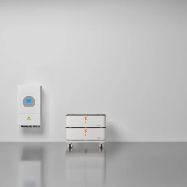 SET 1 thuisbatterijsysteem in liggend configuratie met 5 kW 1-fase hybride omvormer, 5,12 kWh opgestapeld.