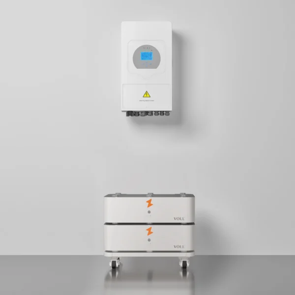 SET 2B thuisbatterijsysteem in staande configuratie met 5 kW 1-fase hybride omvormer, 10,24 kWh opgestapeld.