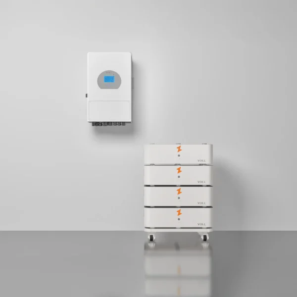 SET 4 thuisbatterijsysteem in naast configuratie met 10 kW 3-fase hybride omvormer, 20,48 kWh opgestapeld.