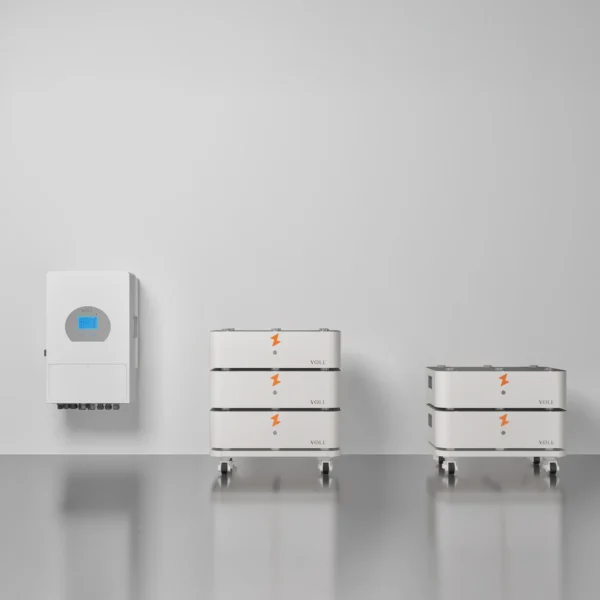 SET 5 thuisbatterijsysteem in liggend configuratie met 10 kW 3-fase hybride omvormer, 25,60 kWh verdeeld over 2 batterijtowers.