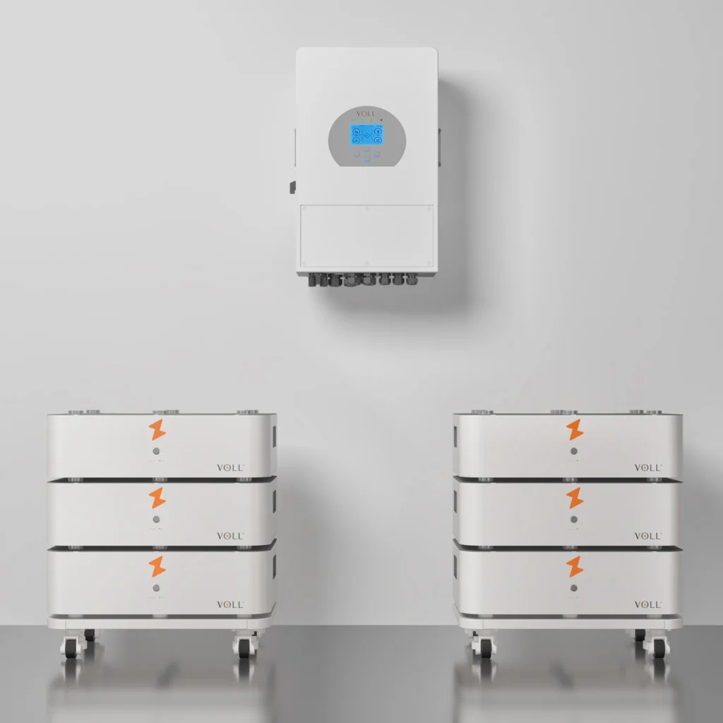 SET 6 thuisbatterijsysteem in staande configuratie met 10 kW 3-fase hybride omvormer, 30,72 kWh verdeeld over 2 batterijtowers.