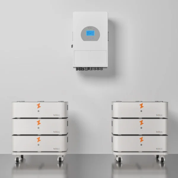 SET 6 thuisbatterijsysteem in staande configuratie met 10 kW 3-fase hybride omvormer, 30,72 kWh verdeeld over 2 batterijtowers.