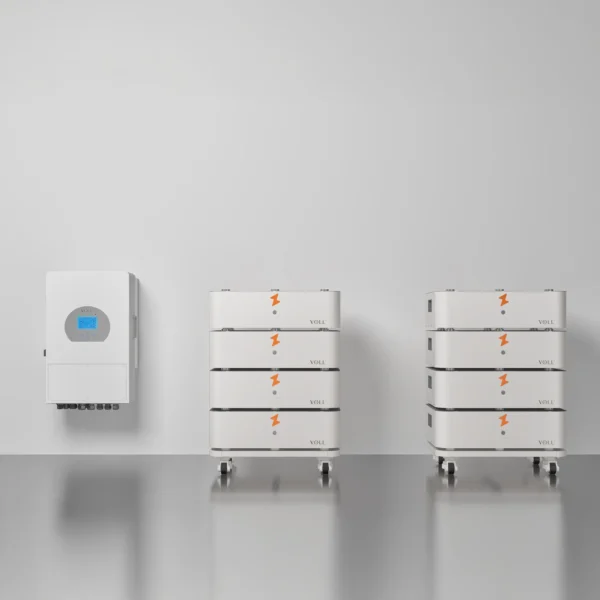 SET 8 thuisbatterijsysteem in liggend configuratie met 10 kW 3-fase hybride omvormer, 40,96 kWh verdeeld over 2 batterijtowers.