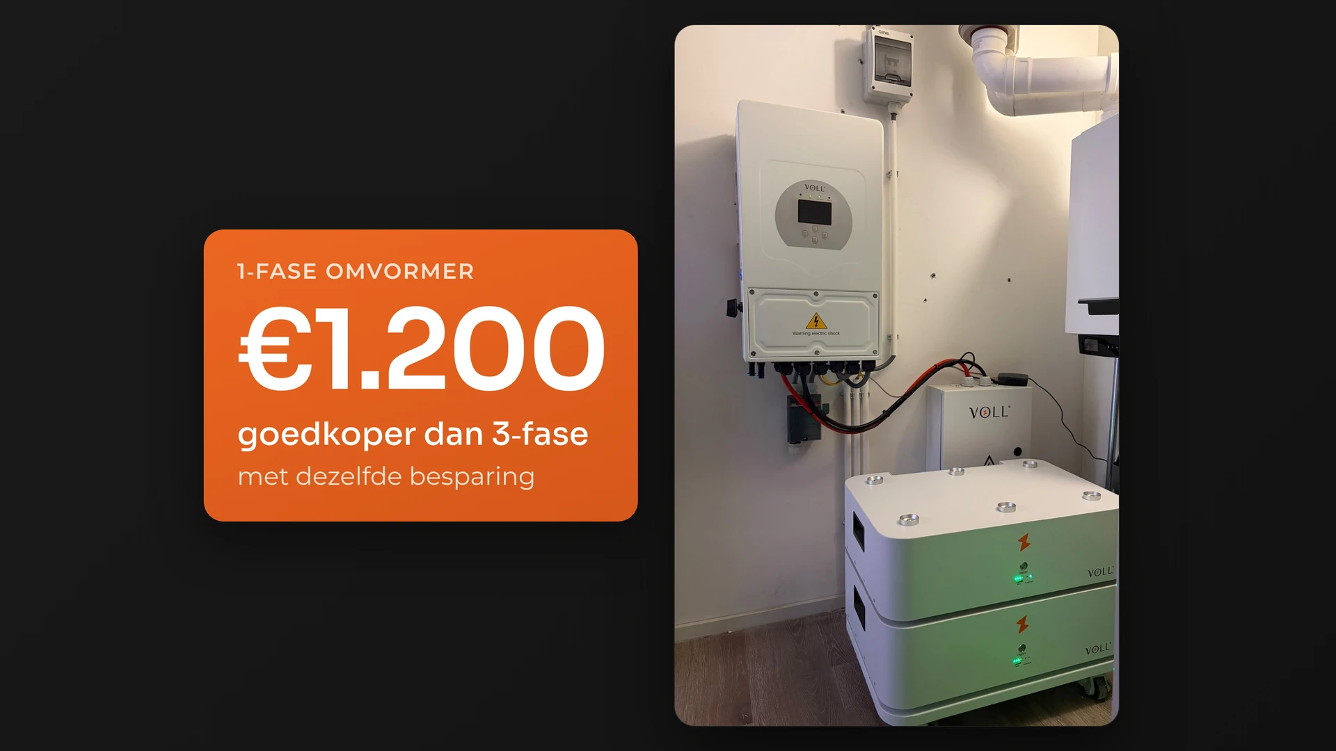Echte installatie van een VOLL® SET 2 A: een 1-fase hybride omvormer van 5 kW aan de wand en twee batterijmodules naast de cv-ketel, met de kaart: €1.200 goedkoper dan de 3-fase uitvoering, met dezelfde besparing (prijzen oktober 2026).