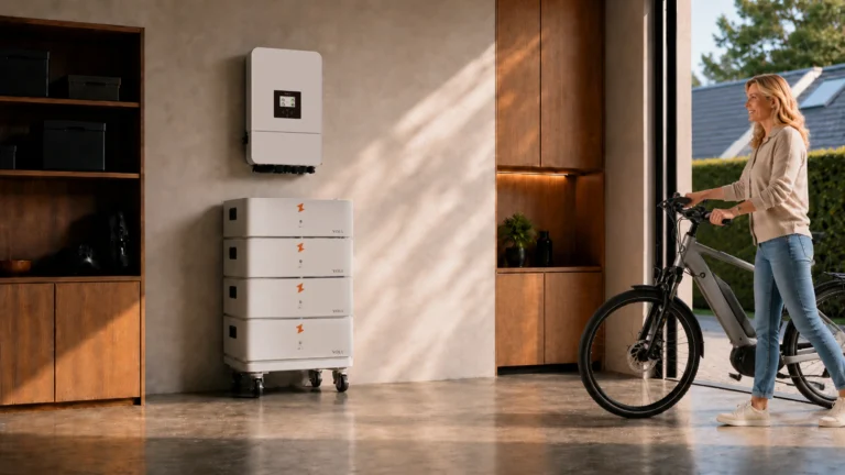 VOLL thuisbatterij met hybride omvormer in een berging, met een vrouw die haar fiets binnenzet