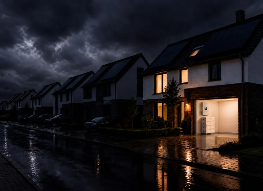 Donkere straat tijdens onweer en een stroomstoring, met één huis waar het licht nog brandt