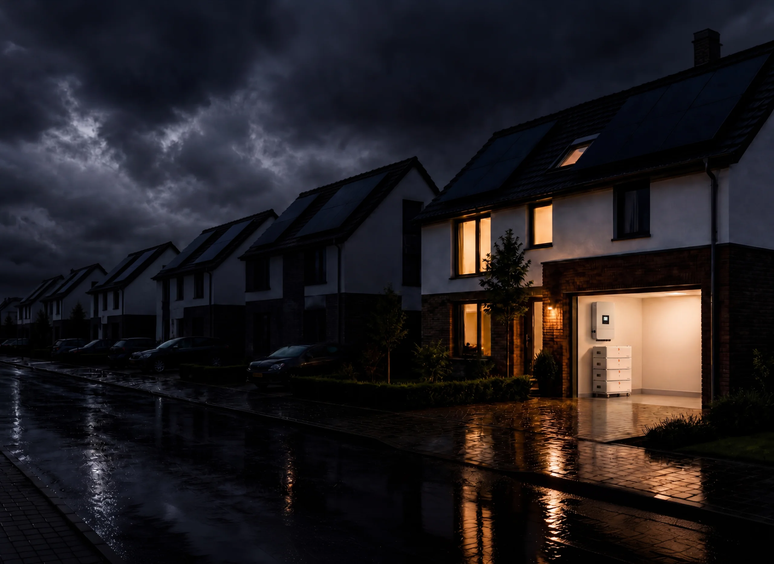 Donkere straat tijdens onweer en een stroomstoring, met één huis waar het licht nog brandt