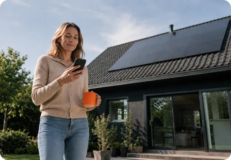Vrouw met telefoon en een oranje mok voor een huis met zonnepanelen op het dak