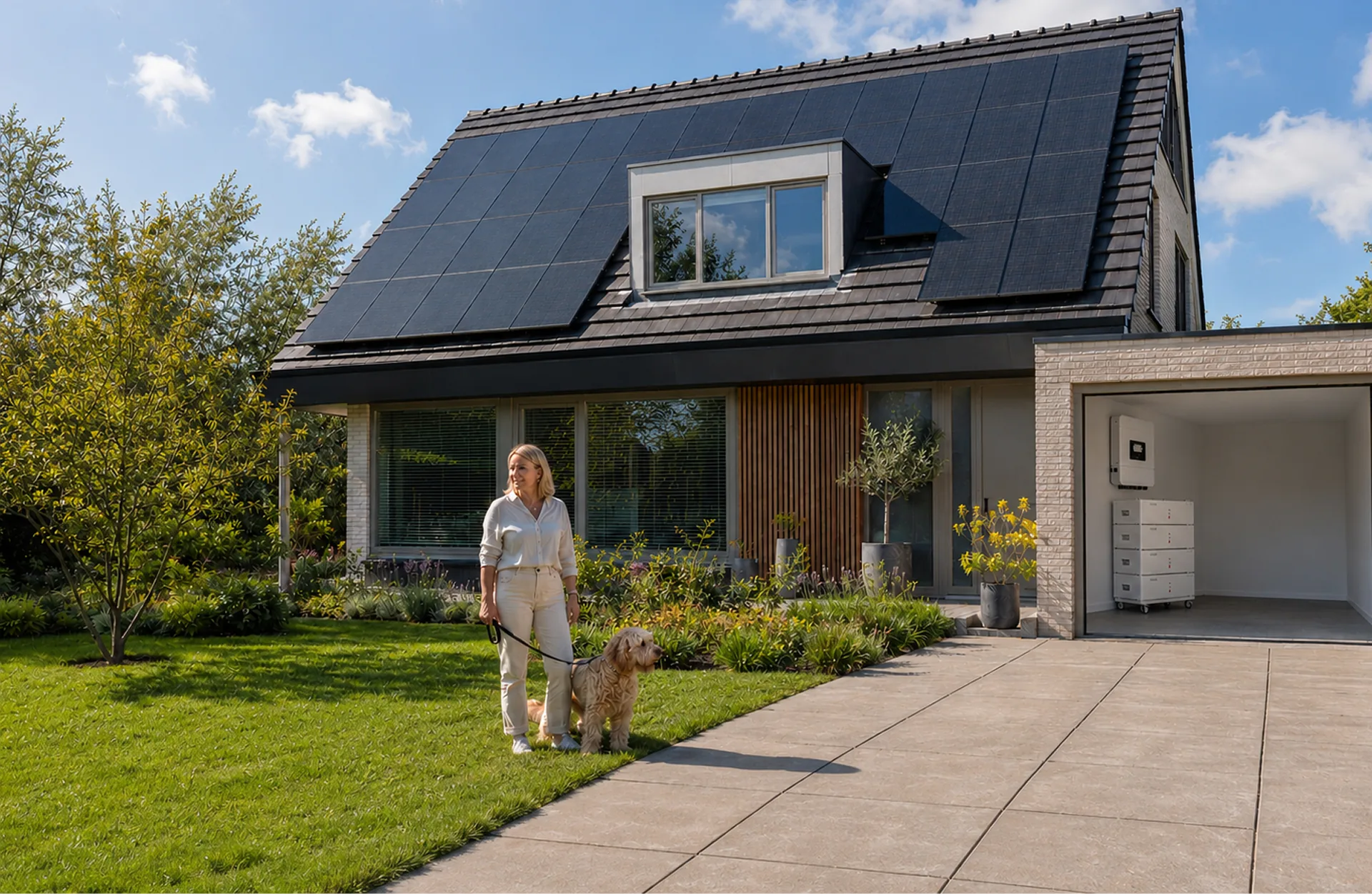 Vrijstaande woning met zonnepanelen op het dak, een vrouw met hond op de oprit en een VOLL thuisbatterij in de open garage