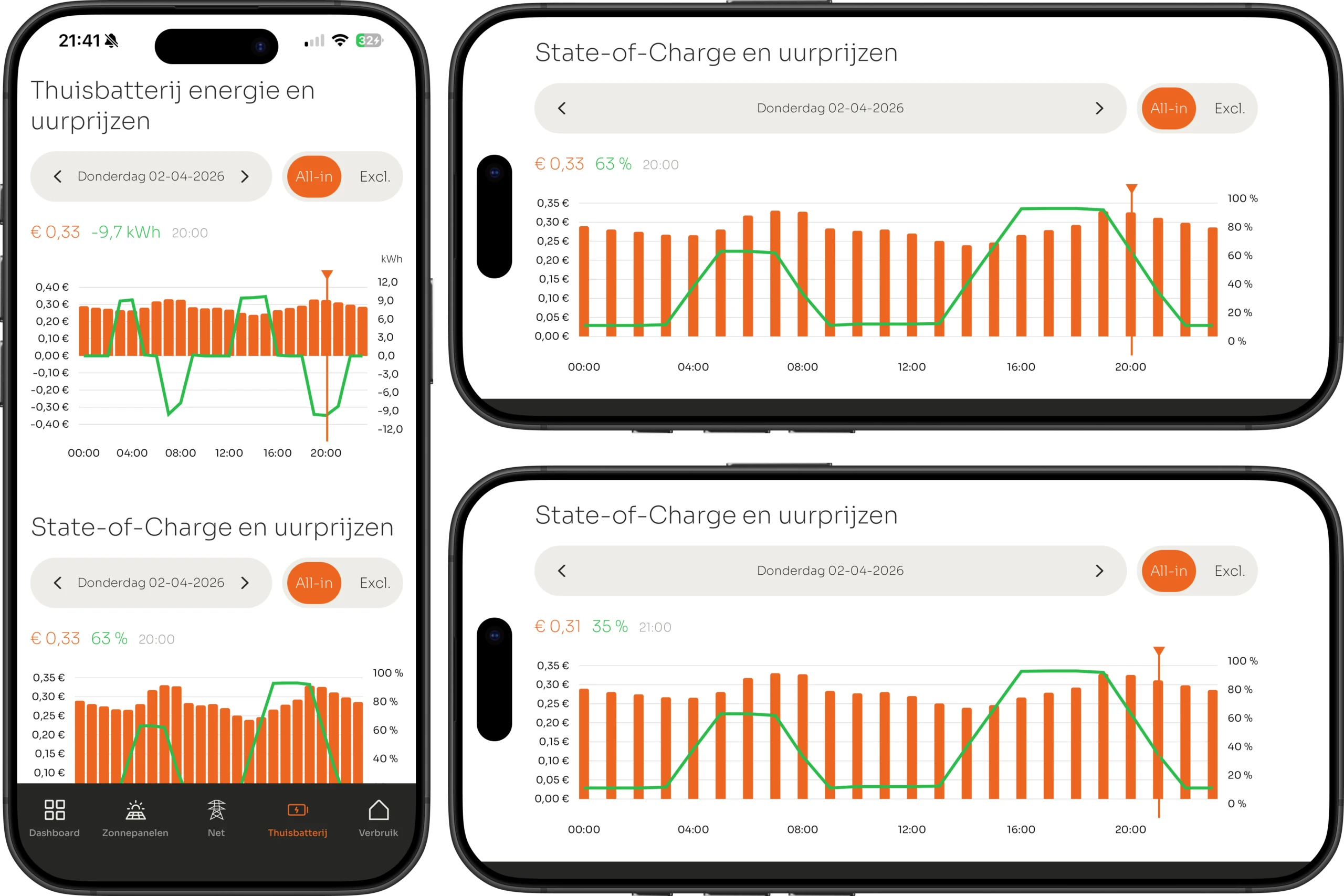 VOLL APP: laadniveau en energie van de thuisbatterij naast elkaar