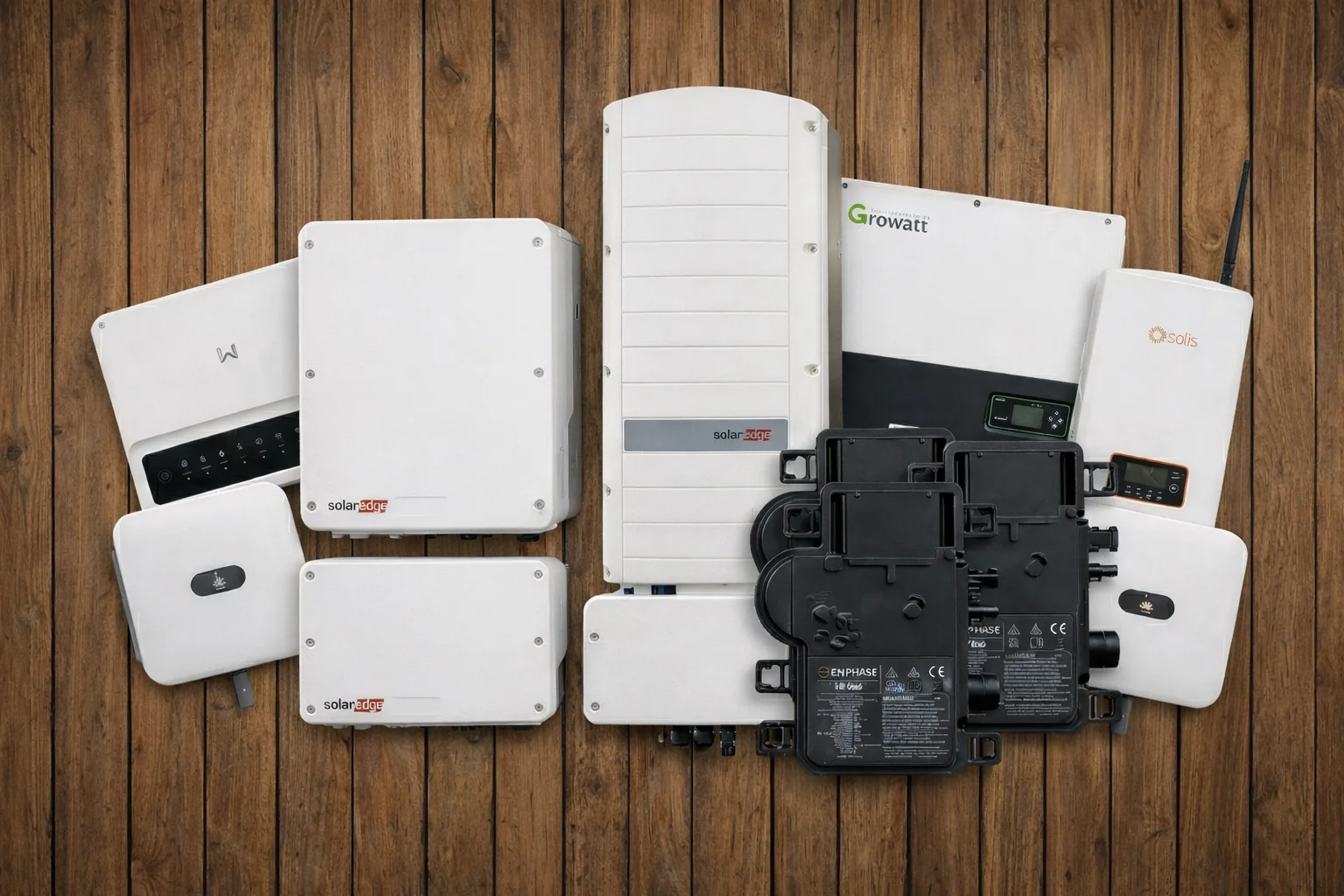 Omvormers van verschillende merken, waaronder SolarEdge, Enphase en Growatt