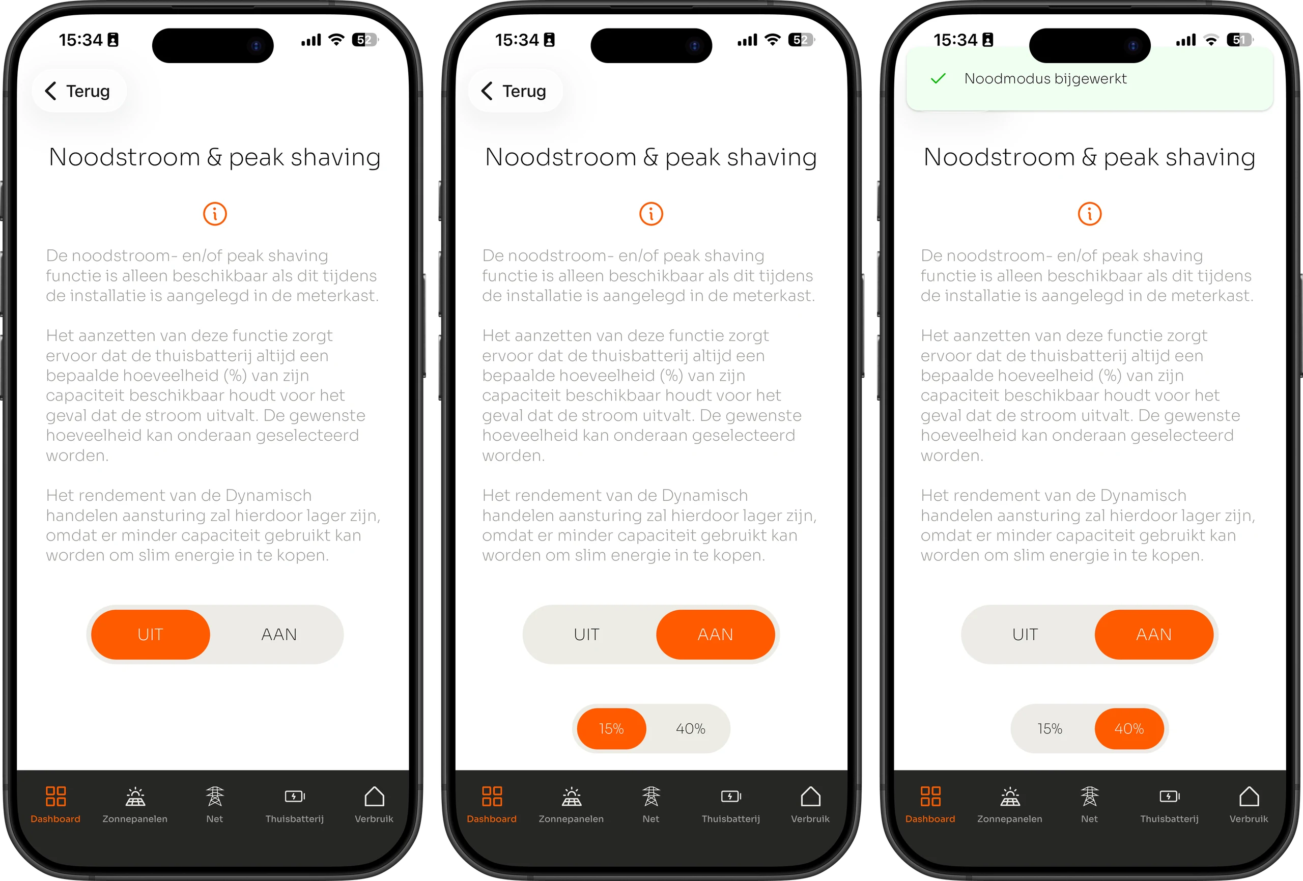 VOLL APP: noodstroom en peak shaving aan- of uitzetten