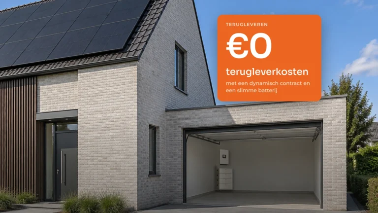 Huis met zonnepanelen en de VOLL® omvormer en thuisbatterij in de hoek van de open garage, met de kaart: geen terugleverkosten met een dynamisch contract en een slimme batterij.